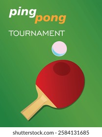 Set ping pong racket, ball flying on green background. Vector flat illustration table tennis