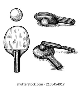 Set ping pong sketch isolated. Vintage sport elements for table tennis hand drawn style. Engraved icon designed for poster, print, book illustration, logo, tattoo. Vintage vector illustration.