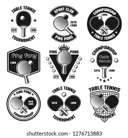 Set of ping pong or table tennis vector black emblems, labels, badges, logos isolated on white background