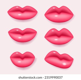 Set of pink 3d lips icons. Realistic 3D vector objects