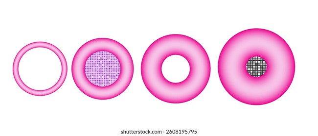 Set of pink 3D ring shapes with gradient fill and mosaic centers. Abstract geometric elements in various styles and sizes on white background. Vector illustration for design projects