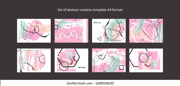 Set of pink abstract creative template A4 format splashes and strokes of paint with gelometric elements
