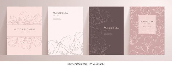 Conjunto de tarjetas florales abstractas de color rosa. fondo mínimo en colores pastel neutros con flores de magnolia. Plantillas de tarjeta de línea botánica. Vector para publicación en redes sociales, invitación, tarjeta, diseño, publicidad