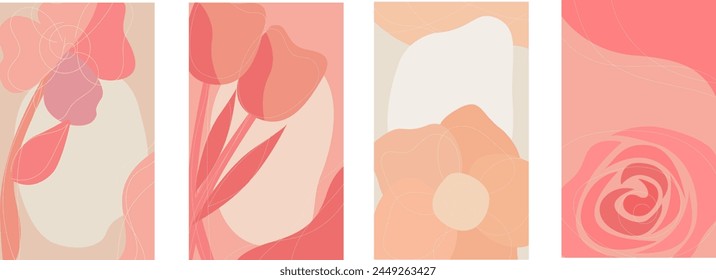 Set of pink abstract postcards with flowers and smooth lines.Summer minimalistic floral posters in flat style.Birthday Mother's day Mother's day women's day greeting invitation Stylish vector
