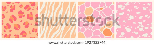 Set of Pink abstract seamless patterns with\
animal skin texture. Leopard, Giraffe, Zebra, Dalmatian skin print.\
Trendy boho animal pattern in a bright pink, sandy, orange palette.\
Vector illustration