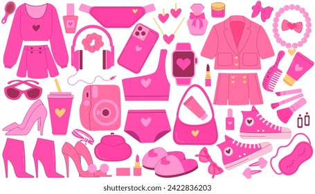 Set of pink accessories and clothing . Pink trendy set, pink doll aesthetic accessories and clothing. Vector illustration. A collection of accessories and clothing