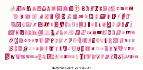 Set of pink anonymous font. Magazine cutout alphabet. Cuts from newspaper. Letters on pieces of paper in different colors. Anonymous letters cut from magazines. For anonymous message