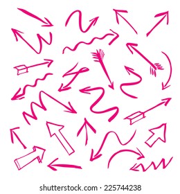 A set of pink arrows drawn with a brush. Useful graphic elements for presentations. Isolated Vector Graphics.