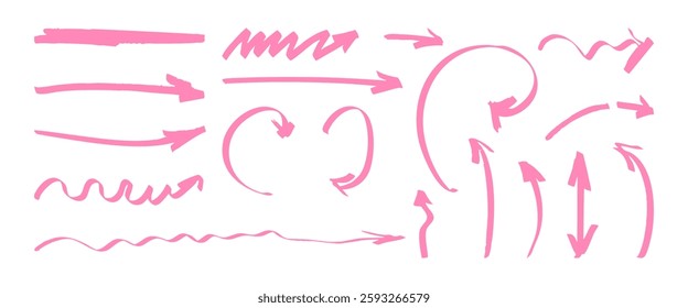 A set of pink arrows with varying thicknesses and styles. The arrows are scattered across the image, with some pointing upwards and others pointing downwards. Scene is playful and whimsical