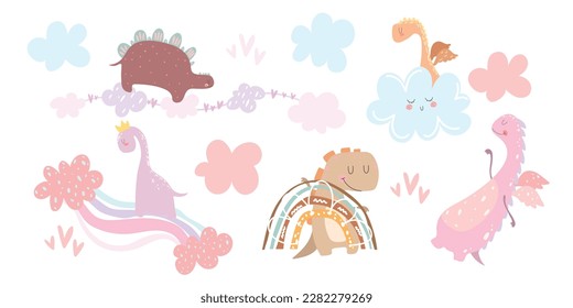 Set of pink baby dinosaur, cloud, hearts. Girl and boy baby shower elements. Cute little dino, vector illustration on white background.