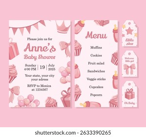 Set of pink baby shower card, menu, and gift tags with cute flat illustrations and baby girl elements for party or celebration