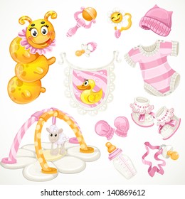 Set of pink baby toys objects clothes and things