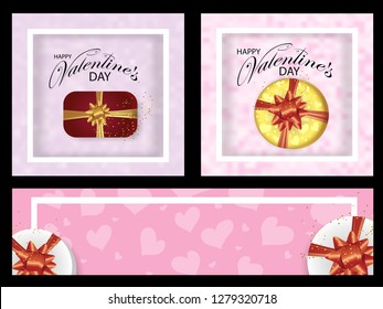 Set pink backgrounds and banners for Valentines day decorated hearts and Boxes with bows. Vector illustration.