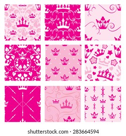 Set of Pink backgrounds with Princess crowns. Seamless backdrop patterns for girls design.