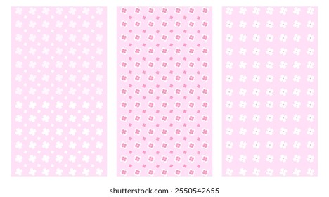 Set of pink backgrounds in retro, old style. Vector illustration, wallpaper, paper, cover, vertical. Flower, blossom, pattern. Transparent background.	
