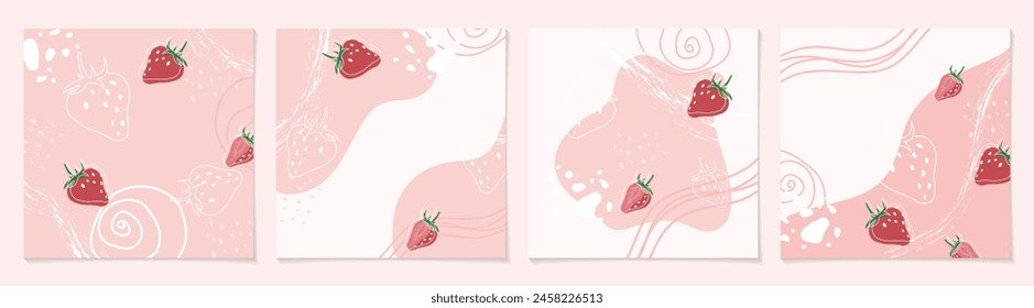 Set of pink backgrounds with strawberries. Abstract hand drawn nature collage, summer blank template with strawberries.Concept template for greeting cards, banner, social media design, invitations