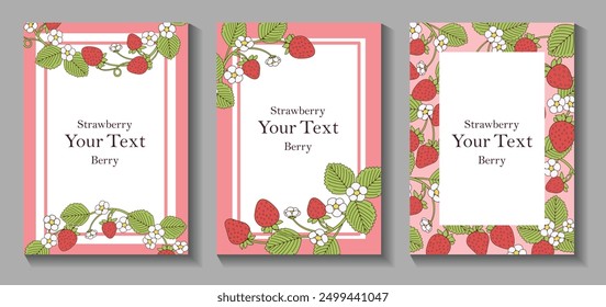 Set of pink backgrounds with strawberries. Frame border of strawberry, Summer blank template with fruit and flower. Concept template for greeting cards, banner, social media design, invitations.