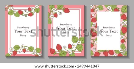 Set of pink backgrounds with strawberries. Frame border of strawberry, Summer blank template with fruit and flower. Concept template for greeting cards, banner, social media design, invitations.