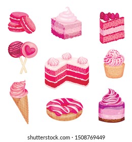 Set of pink baked sweets. Vector illustration on a white background.