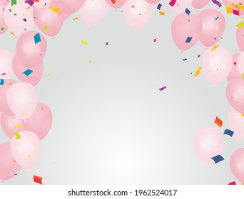 Set of pink balloons Background  with confetti helium  in the air.for birthday, anniversary, celebration,