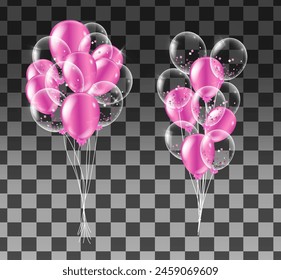Conjunto de globos rosados aislados sobre fondo transparente. Ilustración vectorial realista.