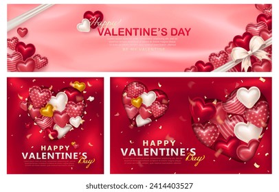 Set of pink banners with 3d puffy colorful hearts, tied bow wrapping and golden streamers for Valentine's Day celebration. Template of romantic greeting cards with glittering confetti and hearts 