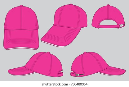 Set pink baseball cap, plastic lock slide buckle vector for template.