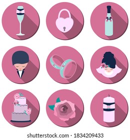Set of pink beautiful icons with falling shadow, colored flat style characters, wedding theme about bride and groom, holiday decoration with luxury design