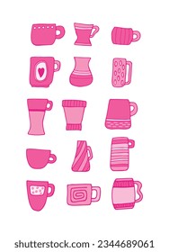 Set pink beautiful mugs in a retro style on a white background. Tea drinking. Beverages. Design element. Beautiful glassware for drinks. Vector illustration. Flat design.