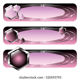 Set of pink and black banners with silver elements, with space for your text. Vector illustration, on transparent background.