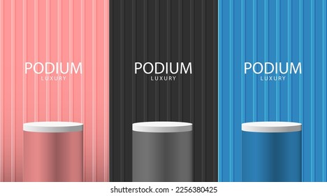 Set of pink, black, blue and white realistic 3d cylinder stand podium collection design for studio room minimal wall scene products showcase promotion display vector illustration.