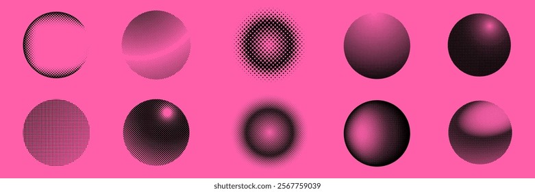 Set of pink and black gradient spheres on a pink background. Various gradient styles and dot patterns. Pink and black spheres create a vibrant design. Halftone shapes, element vector set.