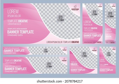 Conjunto de plantillas de banners Web rosas y negras, tamaños estándar de portada con espacio. Ilustración del vector