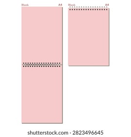 Set of pink blank A4 spiral pages has black side and top coils, clean rectangular sheets, and gray shadows. Useful for writing, study planning, desk organization, or digital stationery
