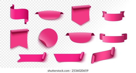 Conjunto de fitas em branco rosa, etiquetas e adesivos no fundo transparente. Ilustração vetorial.