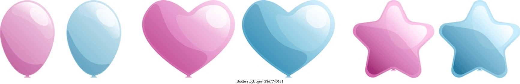 Set of pink and blue balloons of circle heart and star shape for gender reveal party isolated