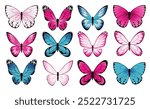 A set of pink and blue butterflies on a white background. Vector illustration.
