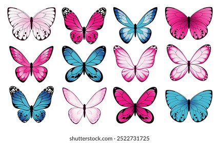 A set of pink and blue butterflies on a white background. Vector illustration.
