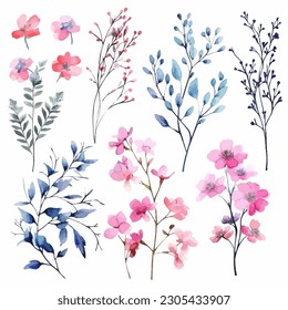 Set of pink and blue floral watecolor. flowers and leaves. Floral poster, invitation floral. Vector arrangements for greeting card or invitation design