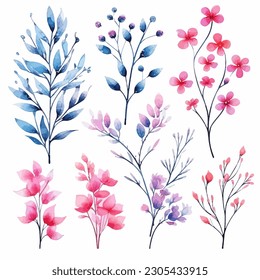 Set of pink and blue floral watecolor. flowers and leaves. Floral poster, invitation floral. Vector arrangements for greeting card or invitation design