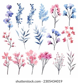 Set of pink and blue floral watecolor. flowers and leaves. Floral poster, invitation floral. Vector arrangements for greeting card or invitation design