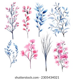 Set of pink and blue floral watecolor. flowers and leaves. Floral poster, invitation floral. Vector arrangements for greeting card or invitation design