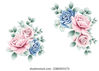 set of pink blue flower arrangement watercolor illustration 