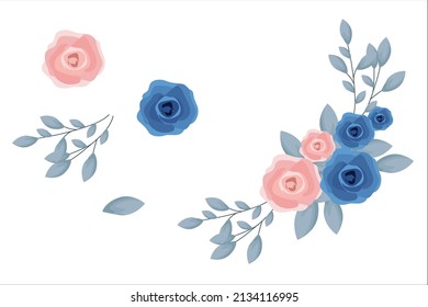 Flores azules rosas y clipart hoja aislados