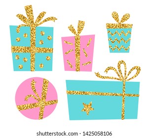 Set of pink and blue gift with gold glitter ribbon. Cute stylish background with hand drawn gift. Vector illustration 
