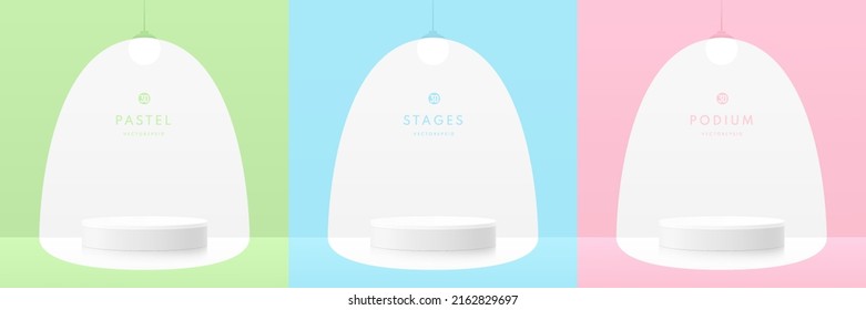 Set of pink, blue, green, white realistic 3d cylinder pedestal podium in abstract room with neon ball lamp. Vector geometric forms. Minimal wall scene for mockup products display. Stage for showcase.