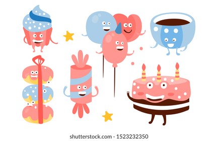 Set of pink and blue humanized attributes for a birthday. Vector illustration.