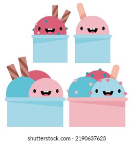 A set of pink and blue ice cream in a cup with a smile and a waffle stick