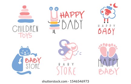 Set of pink and blue labels for the newborn. Vector illustration on a white background.