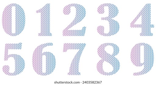 Conjunto de números rosa y azul aislados en blanco. Alfabeto con números. Elementos gráficos vectoriales para el diseño. Líneas, líneas onduladas